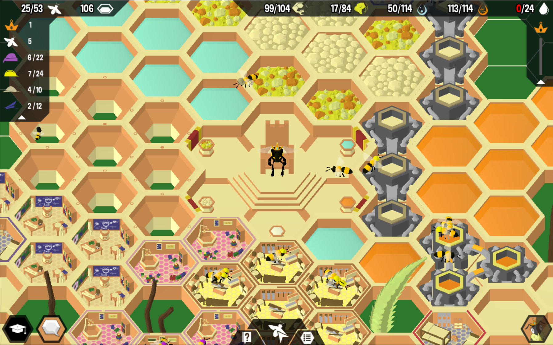 A screenshot of the game Hive Time. A queen bee sits on her thrown with multiple comb rooms surrounding her serving multiple purposes.