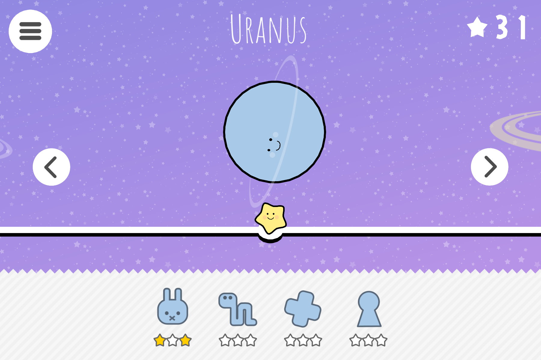 A level select screen from Little Comet, the planet on screen is Uranus, with 4 levels to choose from.