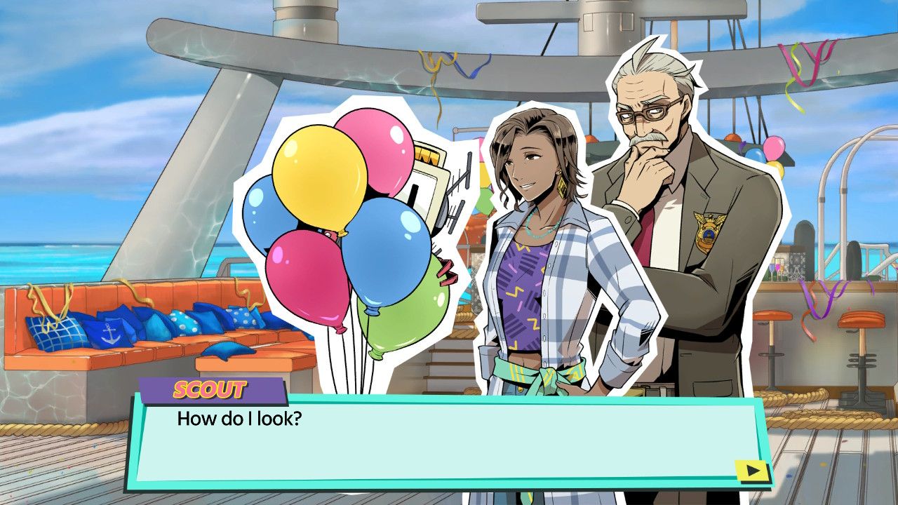 The characters Honor and Detective Cross, looking at Scout who is hiding behind a bunch of balloons asking "How do I look?"