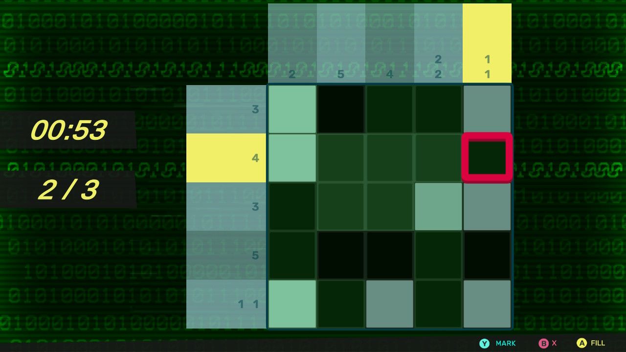 A 5 by 5 grid with a matrix style binary background to it. To the left there is a timer set at 00:53 seconds and numbering the grid as 2 out of 3