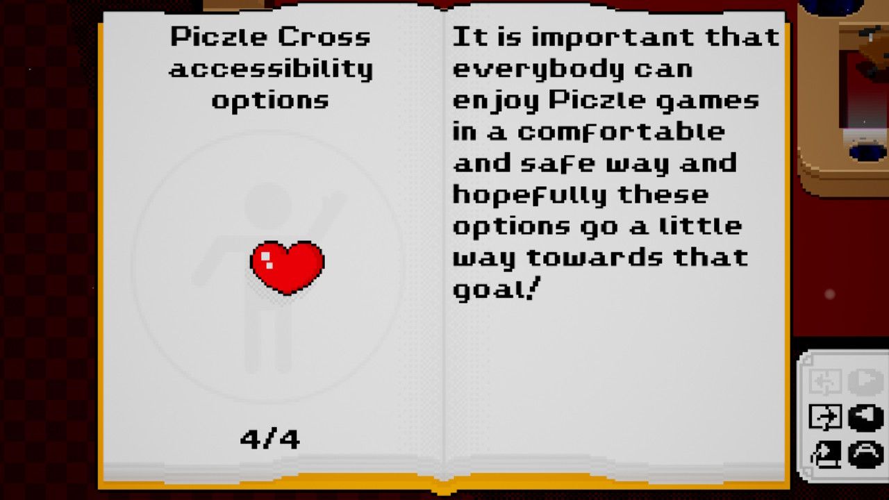 A book shown open inside the game, there's text on it that says "Piczle Cross Accessibility Options: It is important that everybody can enjoy Piczle games in a comfortable and safe way and hopefully these options go a little way toward that goal!"