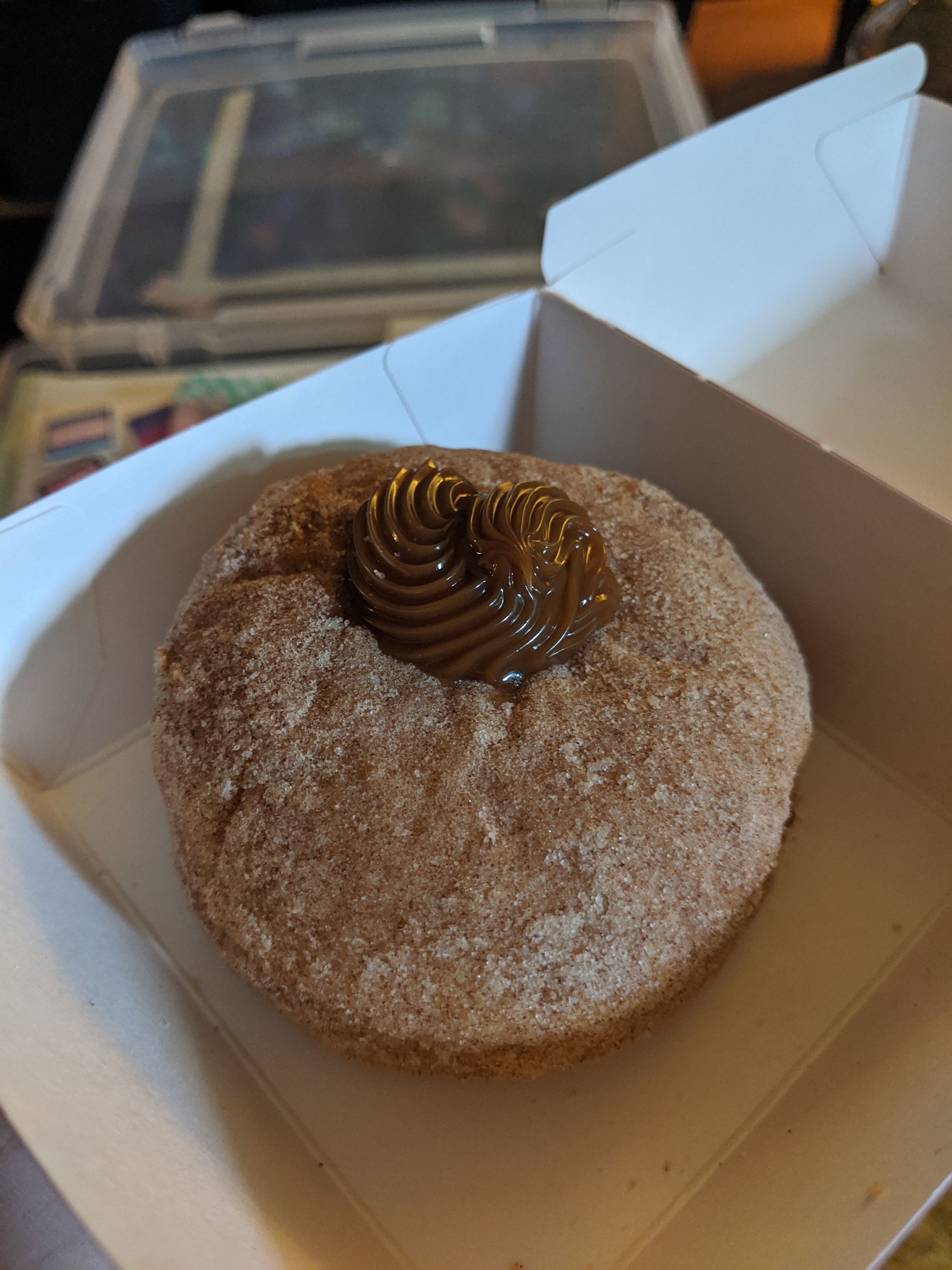 A circular donut, with a dollop of icing where the center hole would be.The entire thing is coated in cinnamon sugar.