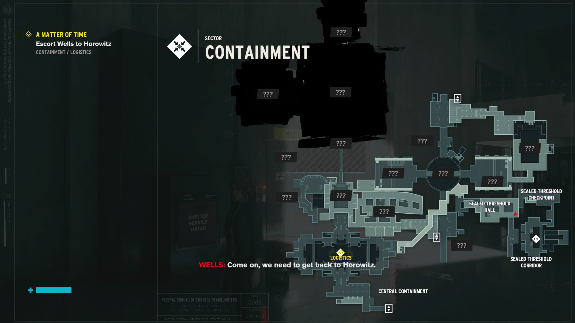 A picture of Control's building schematics for the Containment Sector of the Bureau