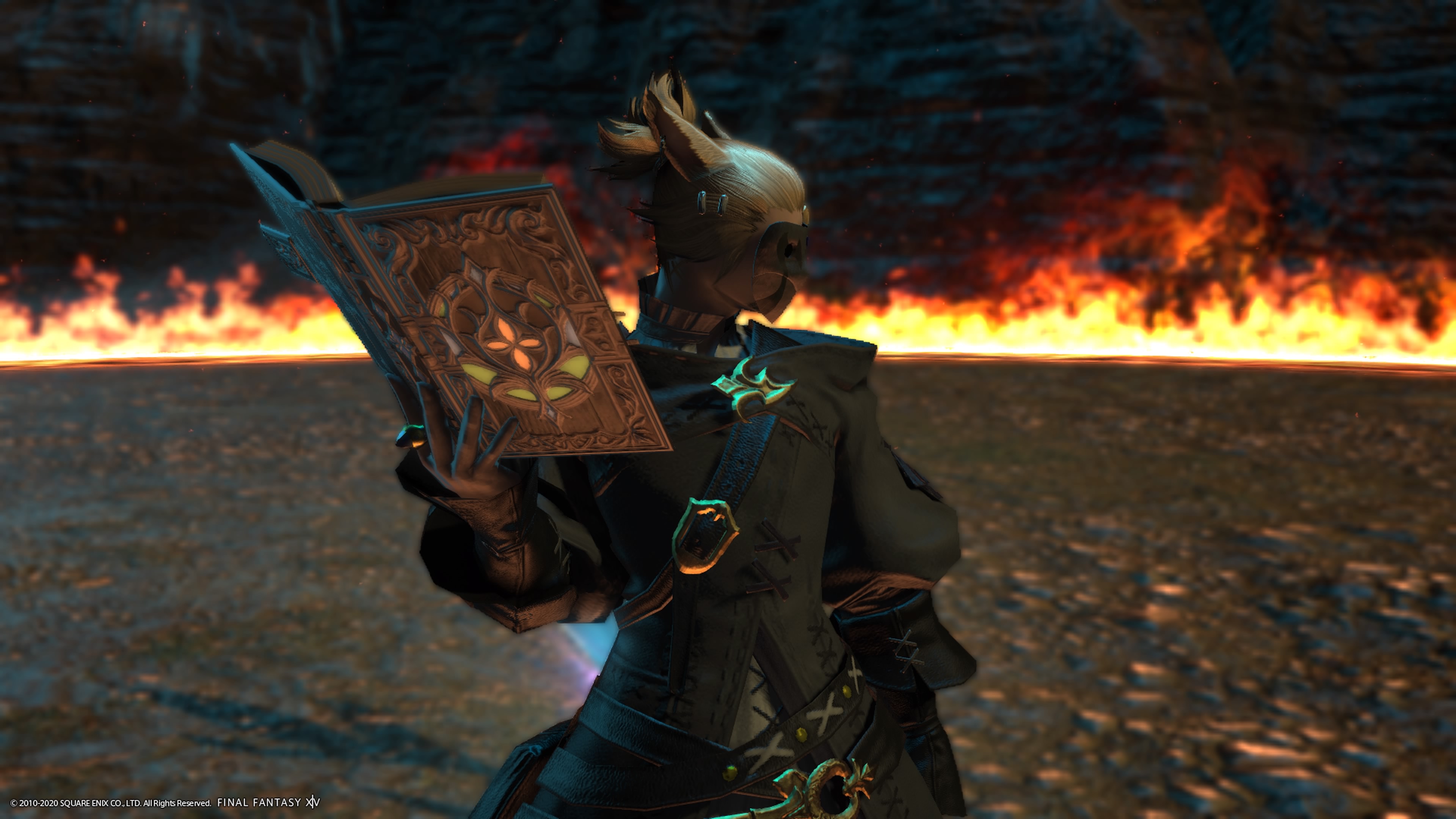 My character Atlas looking off camera, holding a book up with one hand. There is fire in the background.