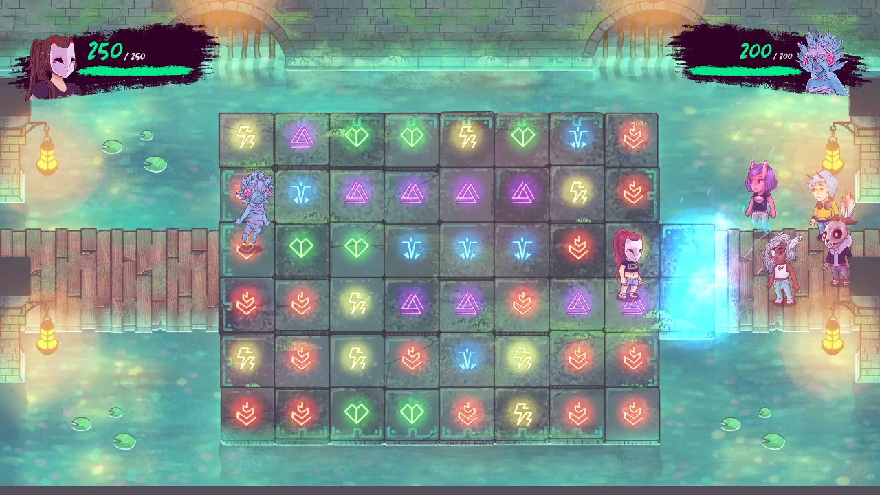 The game's combat grid, with various colored symbols on it.