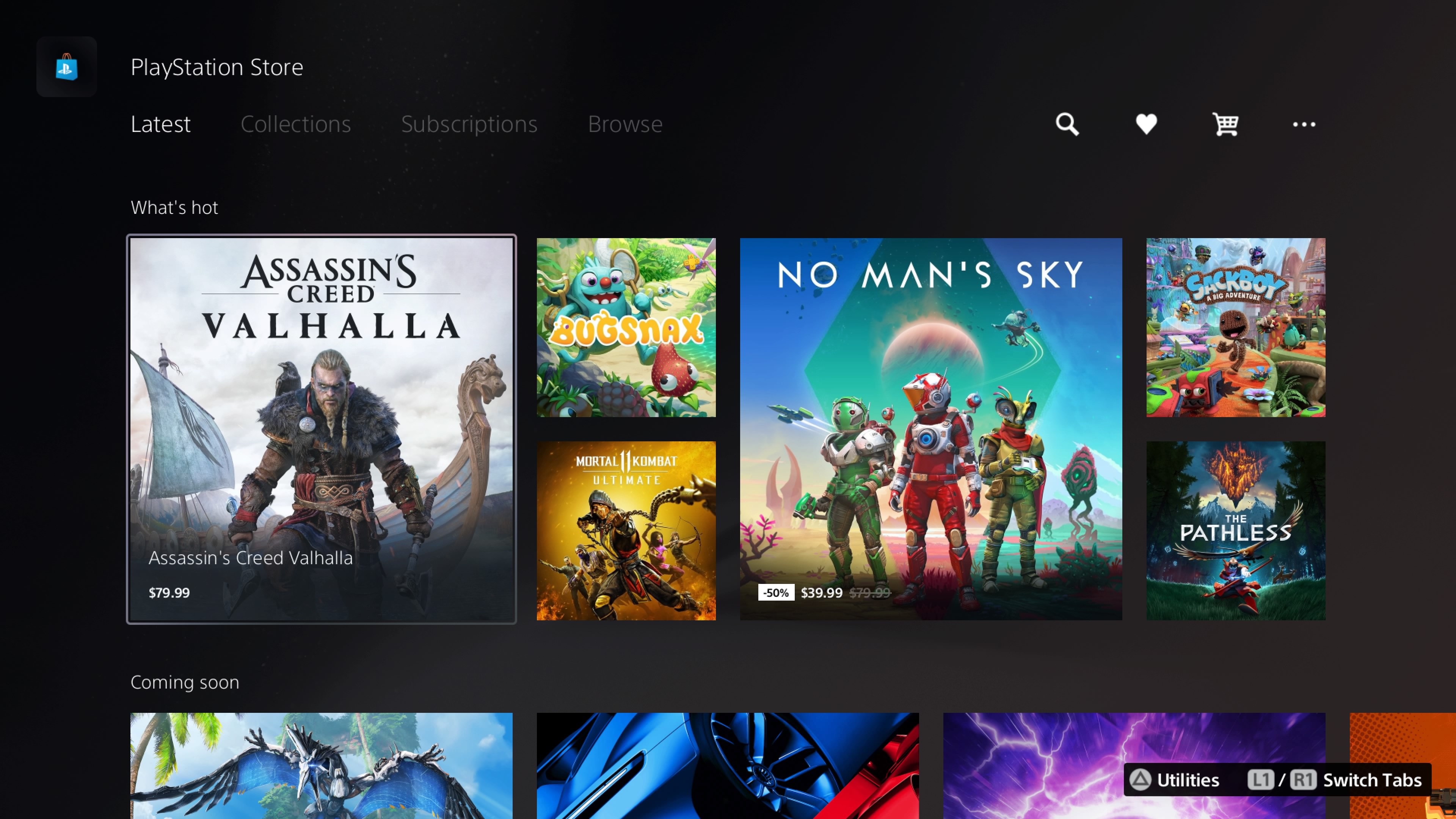 A screenshot of the PS5's main store front, square icons of games are shown.