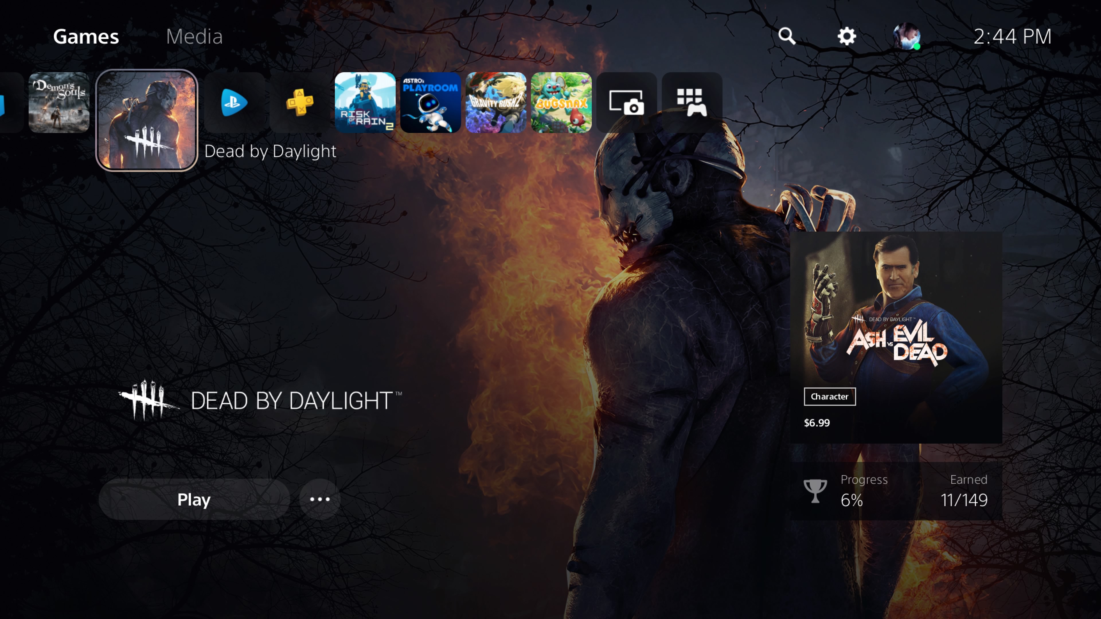 A screenshot of the PS5's main UI. It is hovering over Dead By Daylight with a big play button.