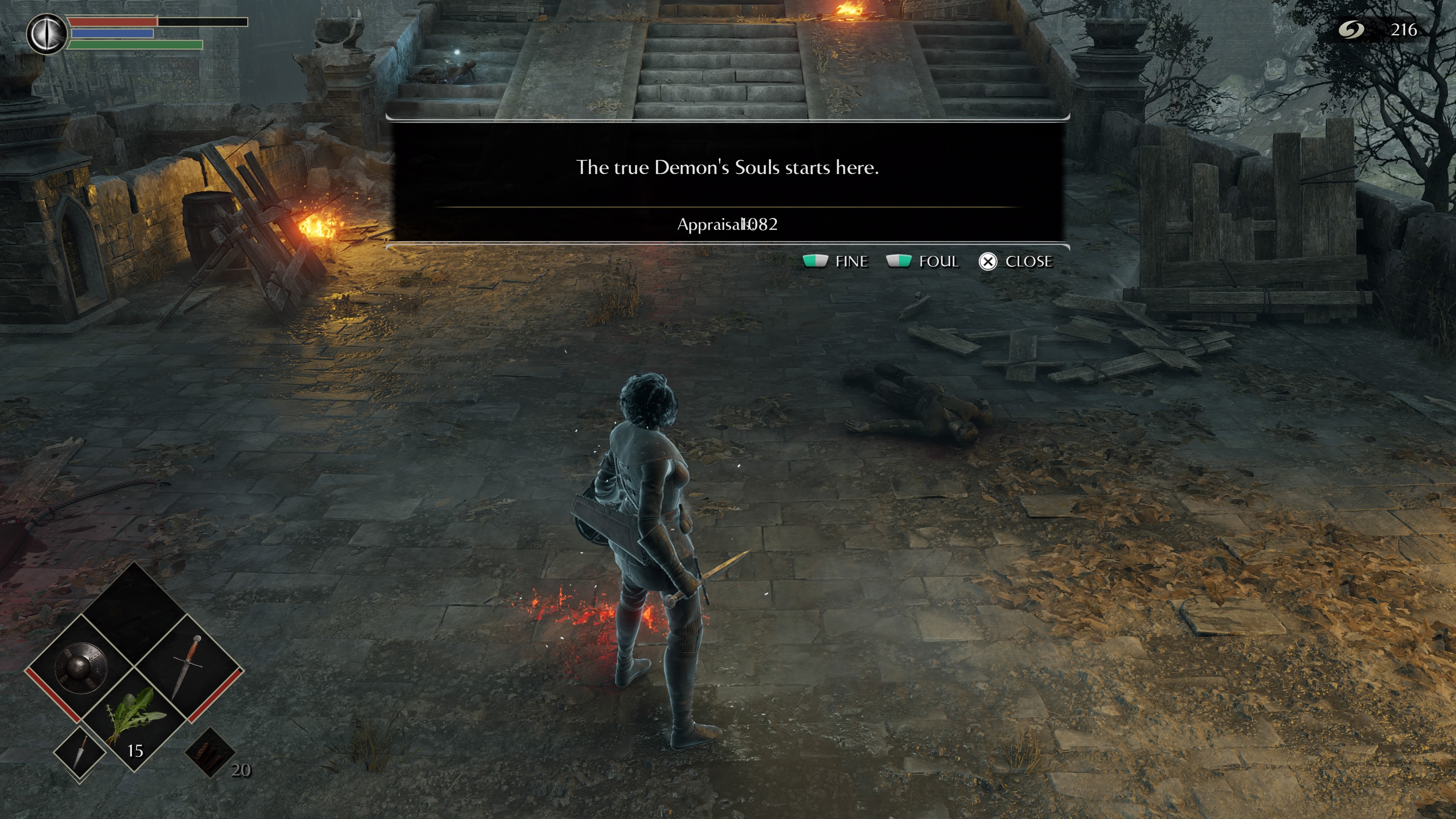 A screenshot from Demon's Souls, there is a pop up saying "Thee true Demon's Souls starts here."
