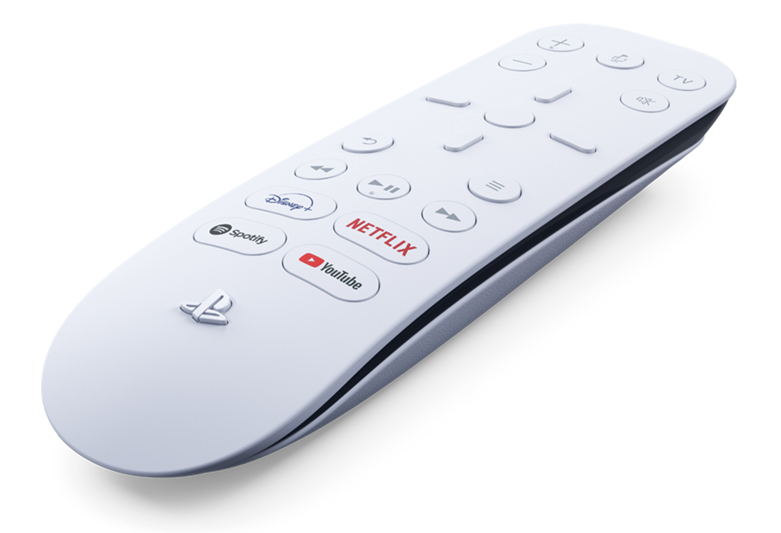 The PS5's white media remote, with the standard remote buttons along with buttons for Youtube, Netflix, Spotify, and Disney+.