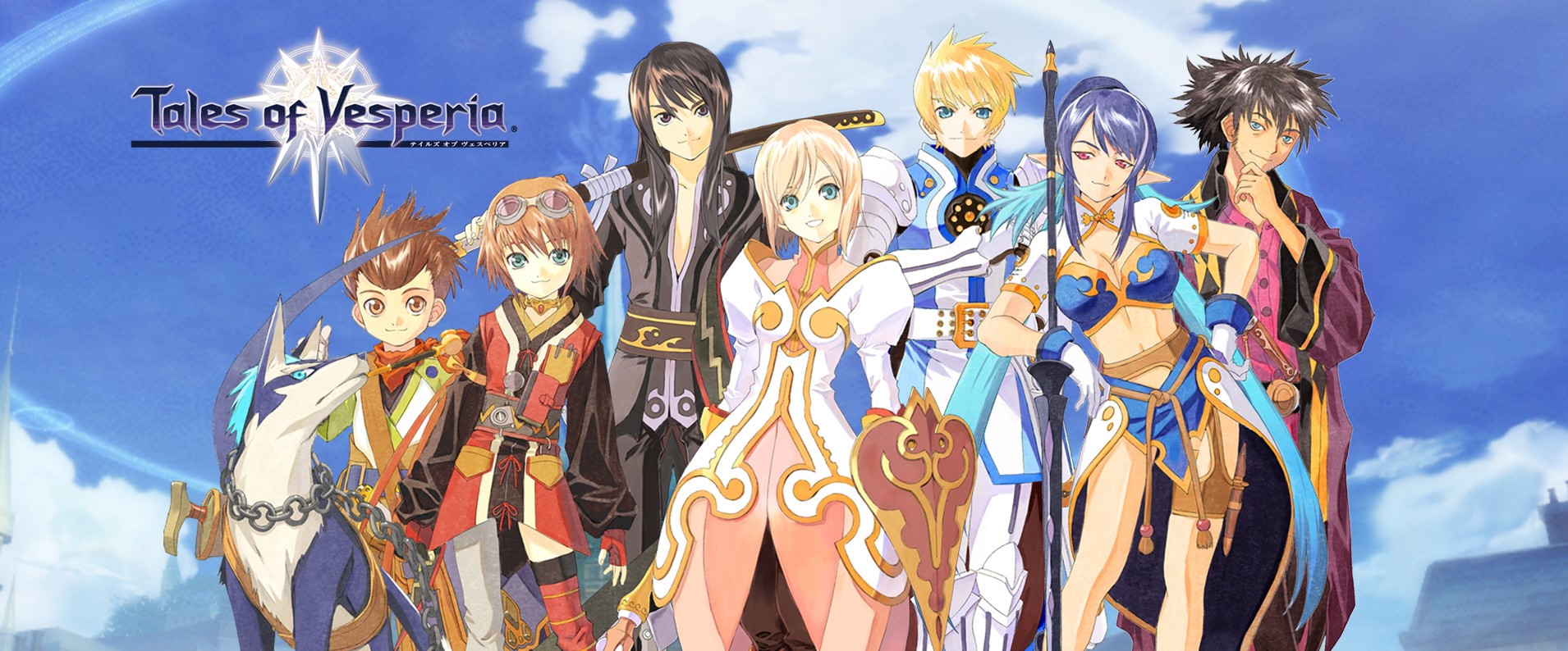 The characters from tales of vesperia standing like theyre taking a group photo.