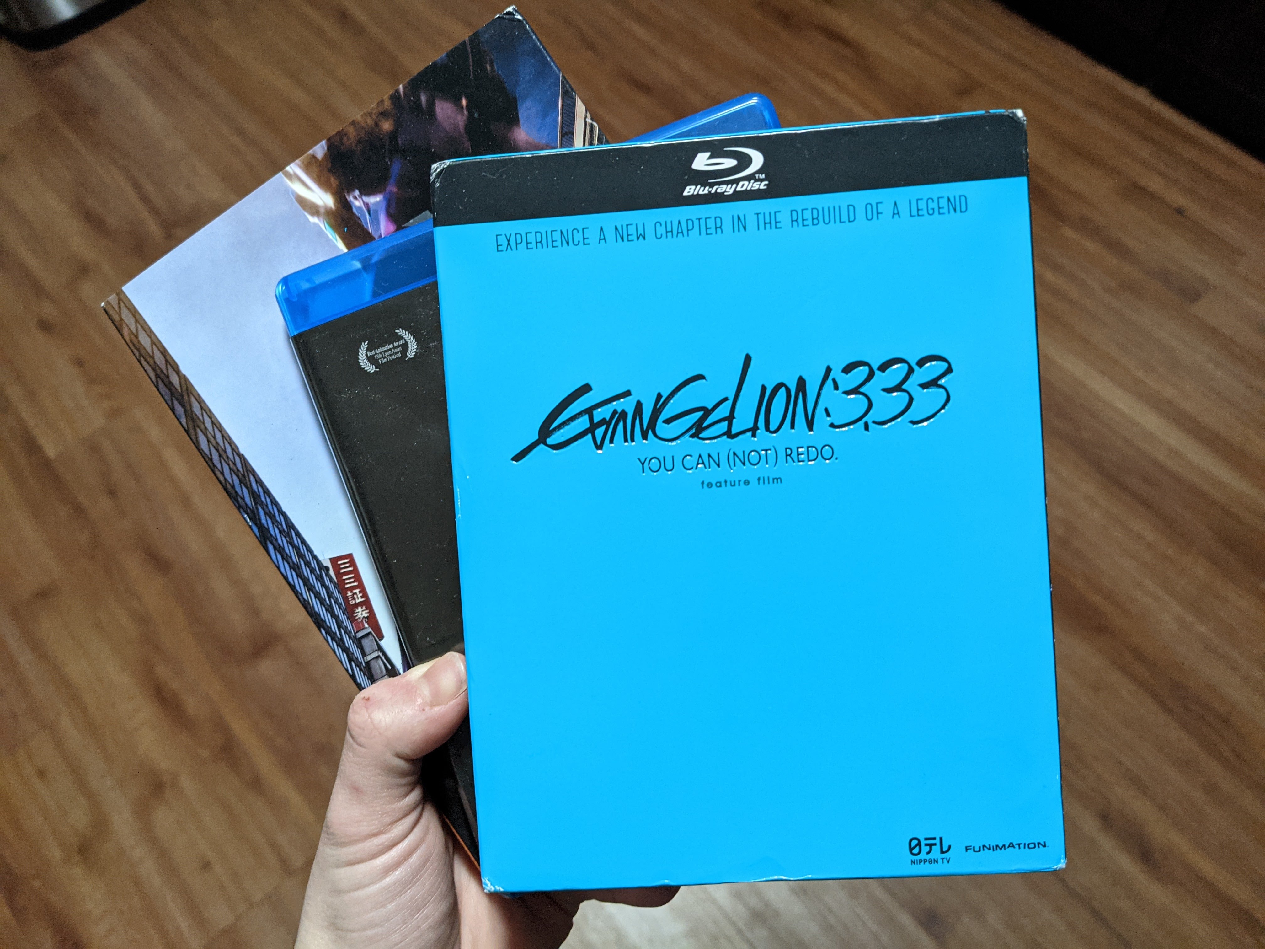 A picture of my hand holding the three Neon Genesis Evangelion Rebuild movies.