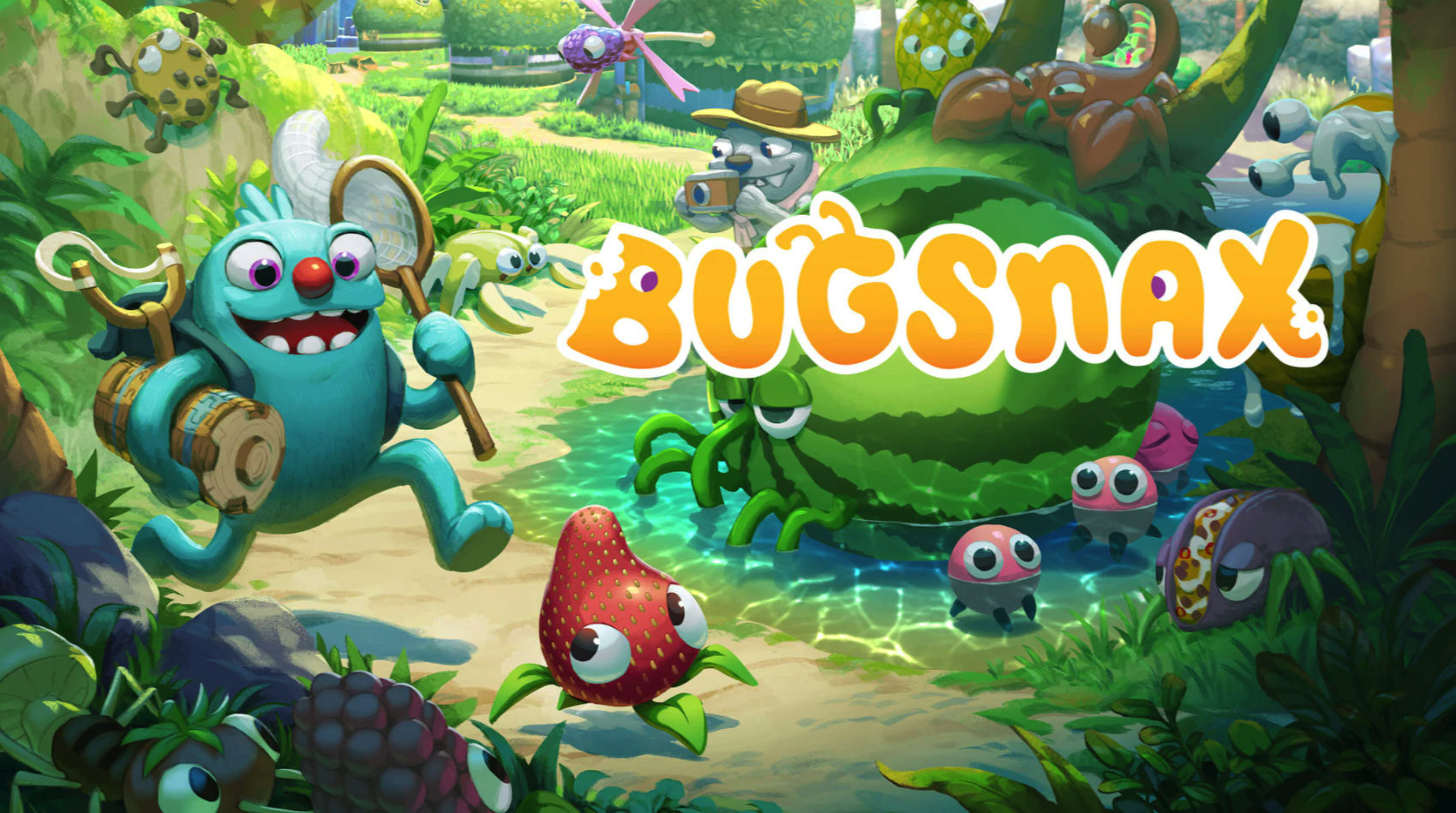 A grumpus (character in the game) running and trying to catch a strawberry with legs. The title BUGSNAX sits on top of the other creatures that are around, various food pun animals.