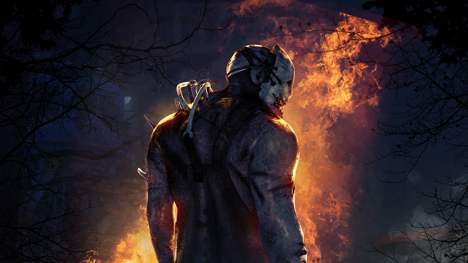 The trapper from Dead by Daylight with his back to the reader, looking over his shoulder. There is fire behind him.