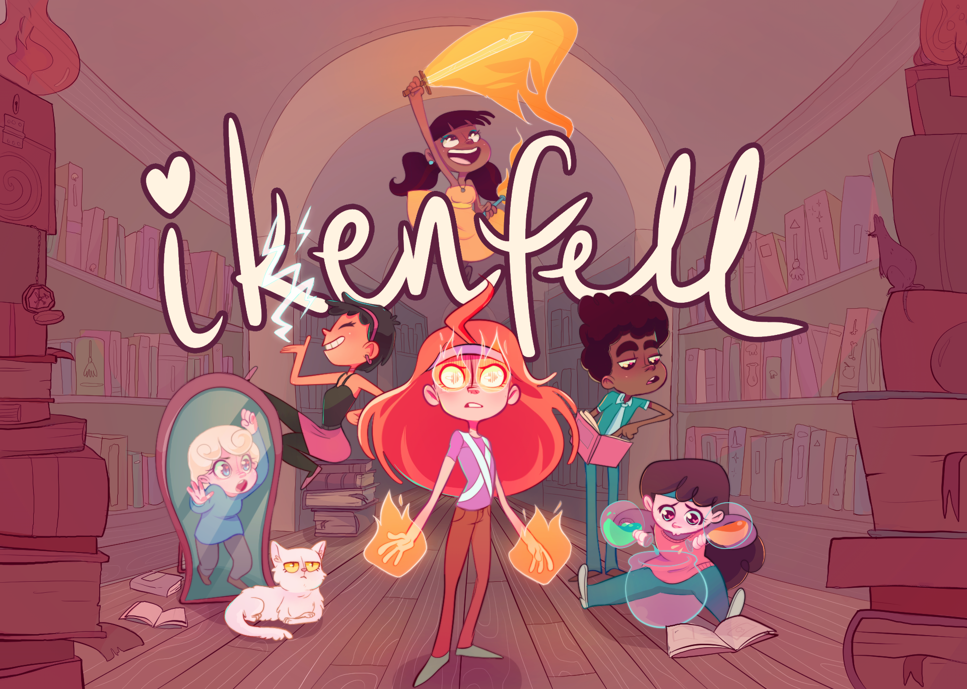 The characters of ikenfell in movie-poster style poses. They all center around the main character with the words IKENFELL in large text above them written in cursive.