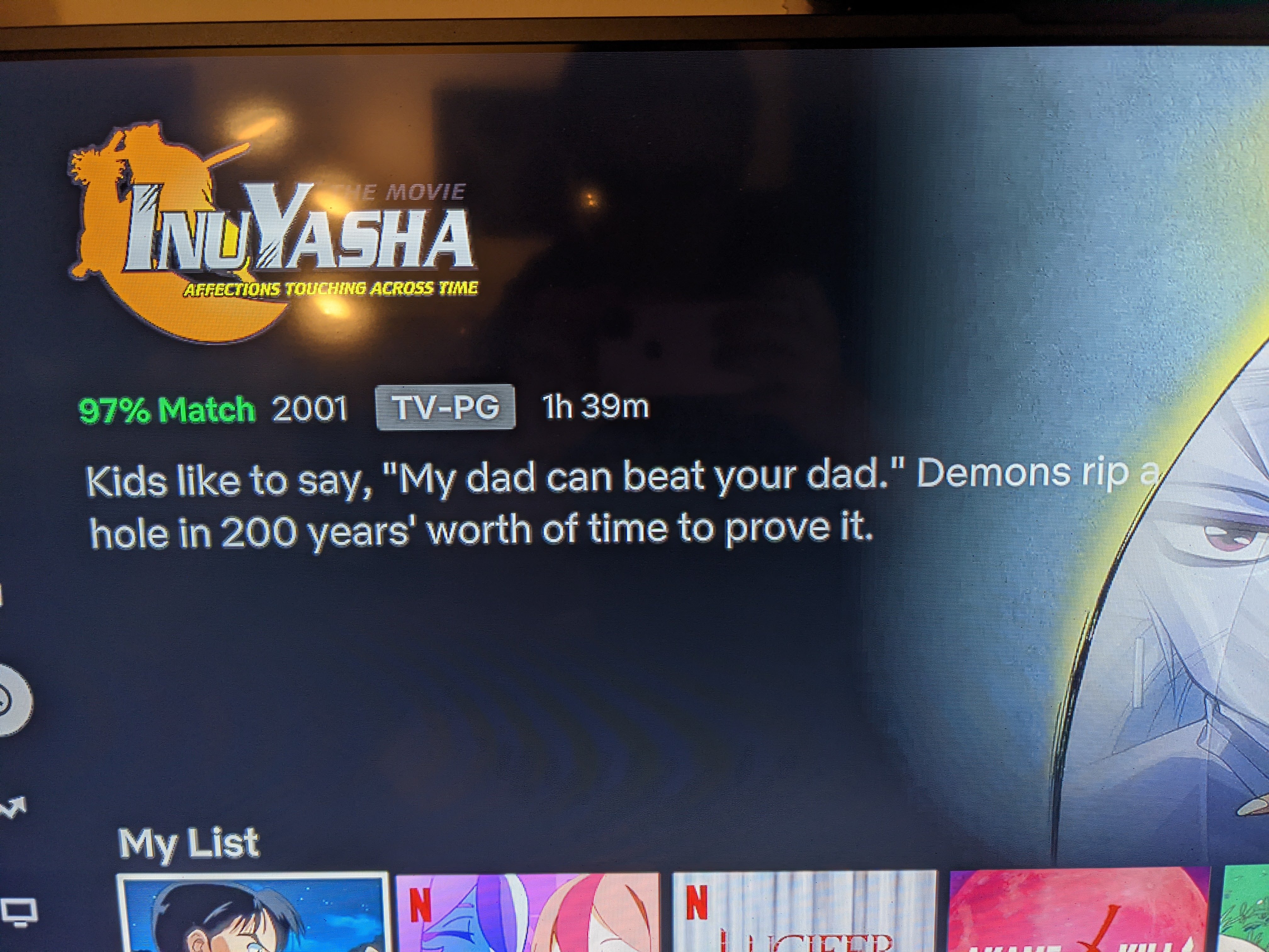 A photo taken on my phone of the Netflix blurb for the first inuyasha movie.