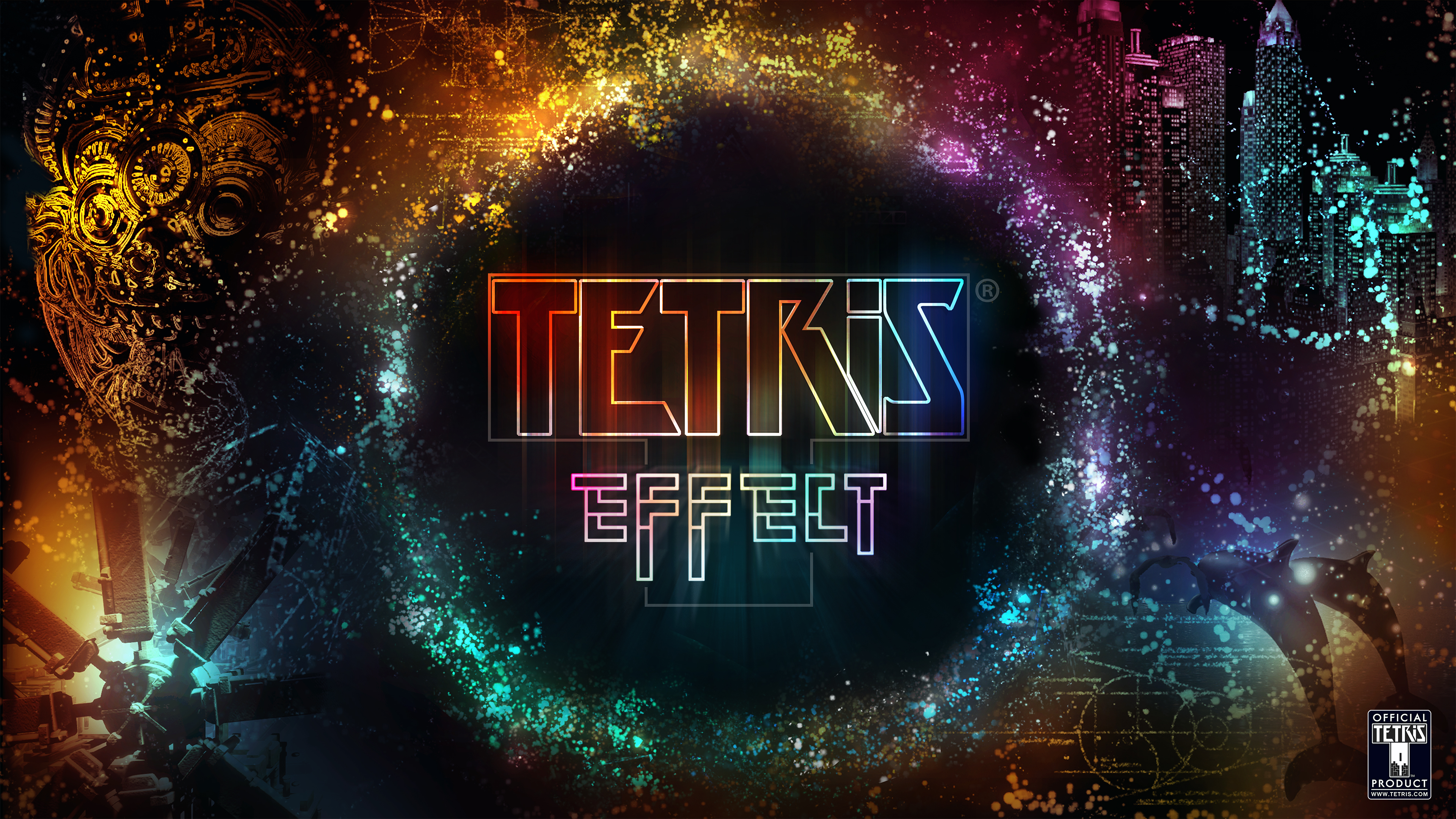 The logo for tetris effect with various particle effects around it.