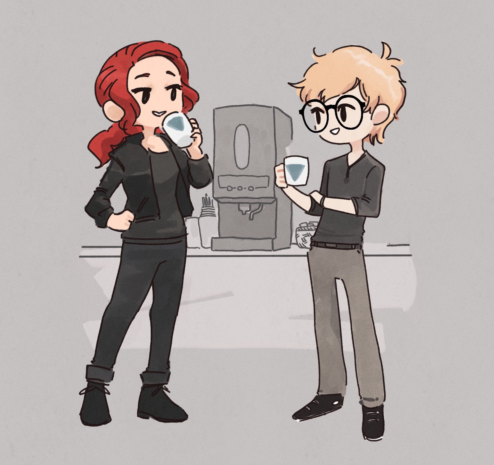 My persona Atlas, standing next to jesse from control. Theyre standing in front of a coffee machine, holding coffee mugs.