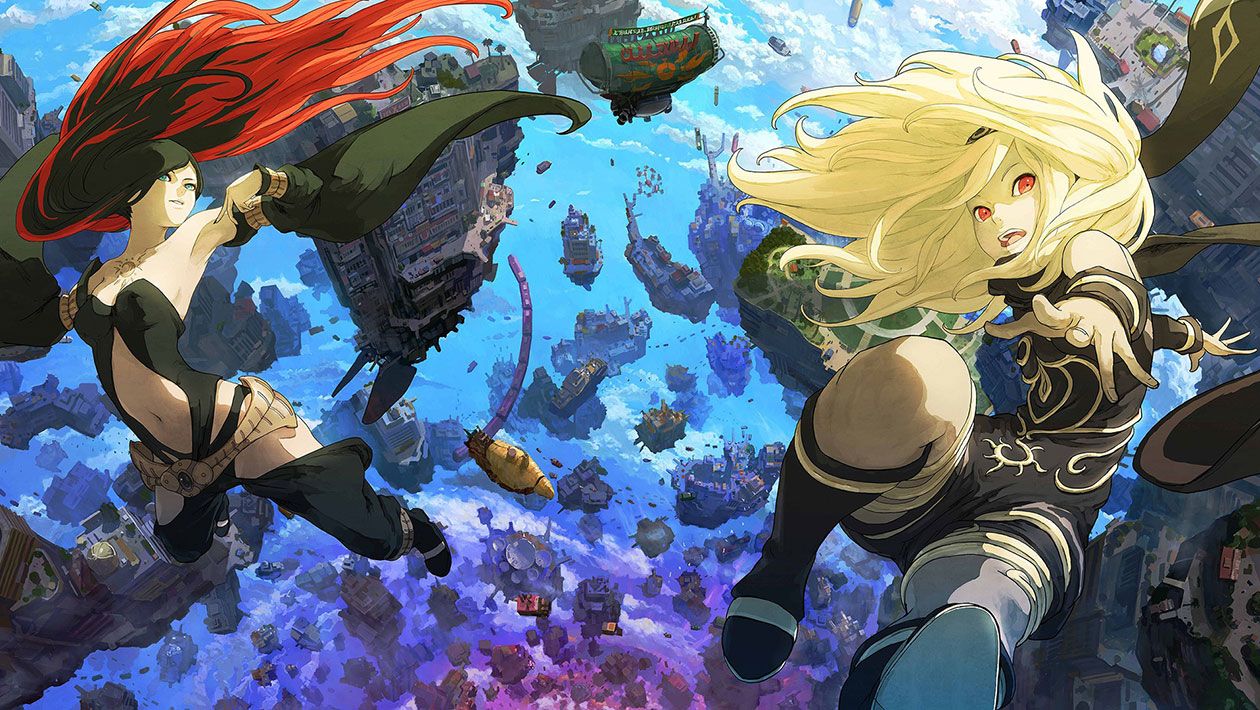 Press kit image for Gravity Rush 2. It's the character's Kat and Raven floating with buildings and ships behind them.