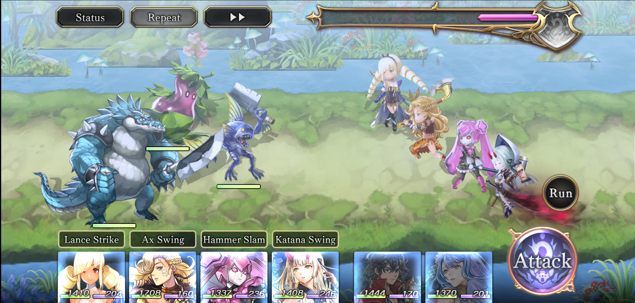 A screenshot of a battle, showing your party members and the enemies.