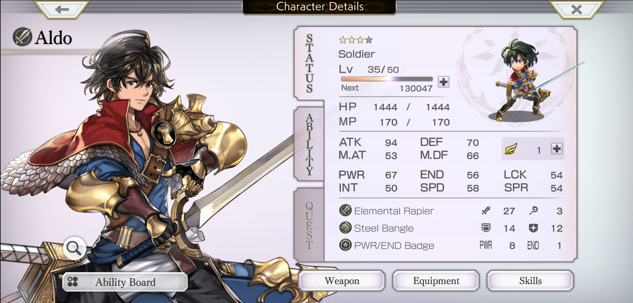 Character Details Screen for the protagonist Aldo. It shows his various stats along with his equipment.