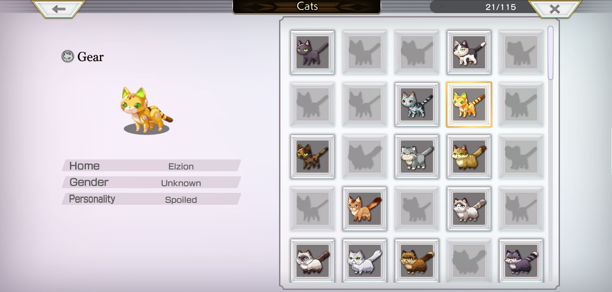 A screenshot of the Cat Catalogue, showing that some cats have been found but others are missing. Each cat has a name, home location, gender and personality.